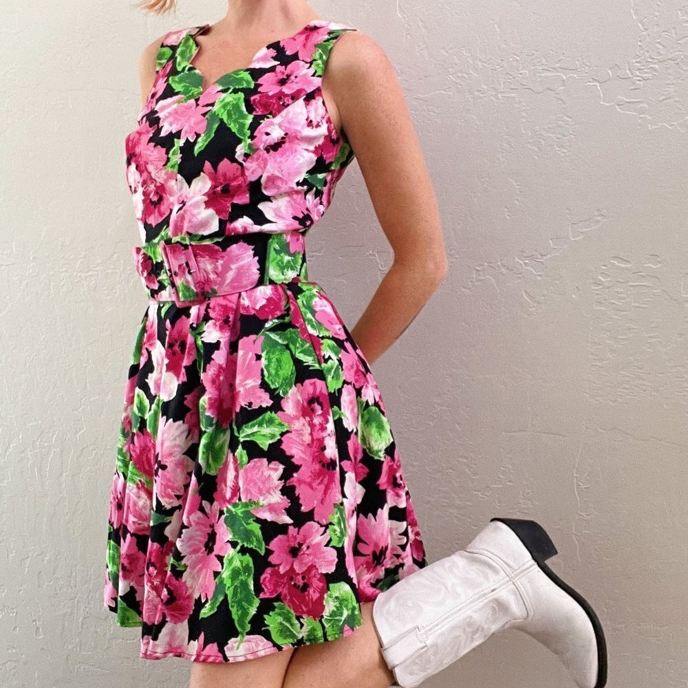 Vintage 1980s/90s Black Floral Belted Fit + Flare Dress